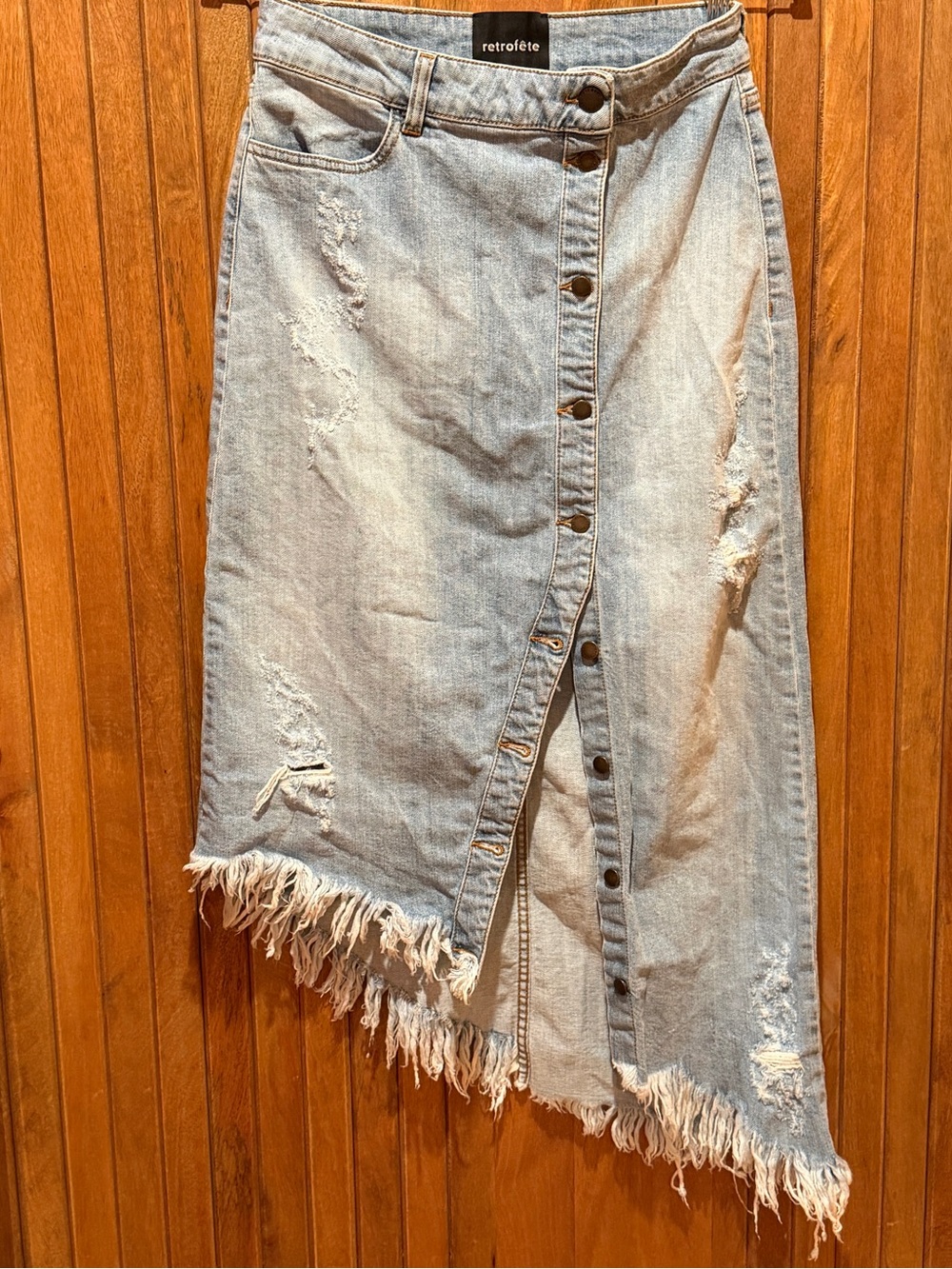 Retrofete Light Blue Distressed Asymmetrical Denim Midi Skirt